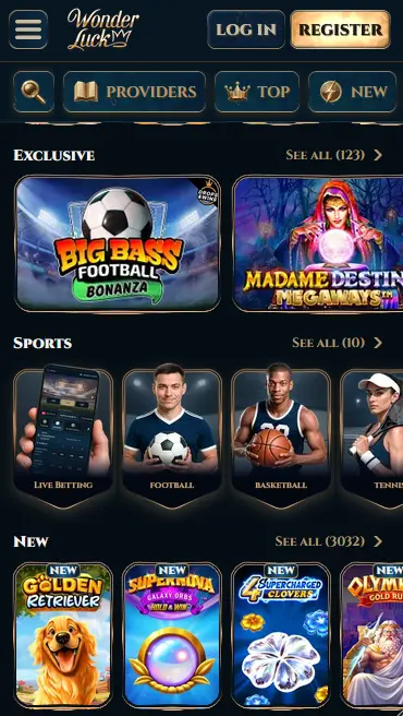 Wonderluck Casino mobile browser app view on a smartphone with the pokies lobby and cashier menu