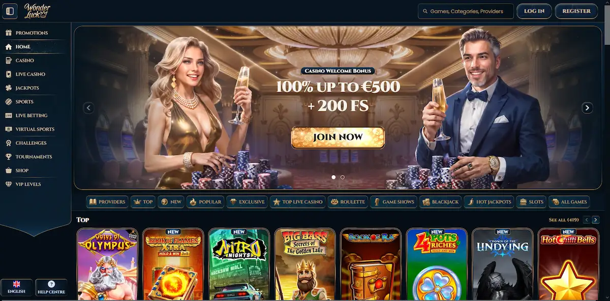Wonderluck Casino homepage lobby showing featured pokies and the AUD welcome bonus banner