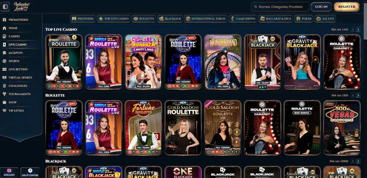 Wonderluck live casino lobby streaming Evolution and Ezugi real dealer tables in high definition