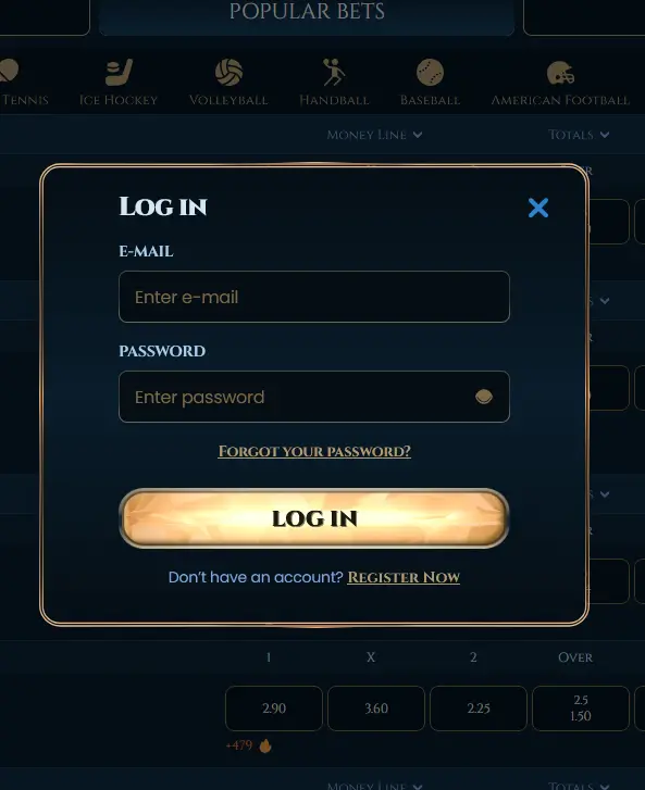 Wonderluck Casino login screen with email and password fields and the forgot password link