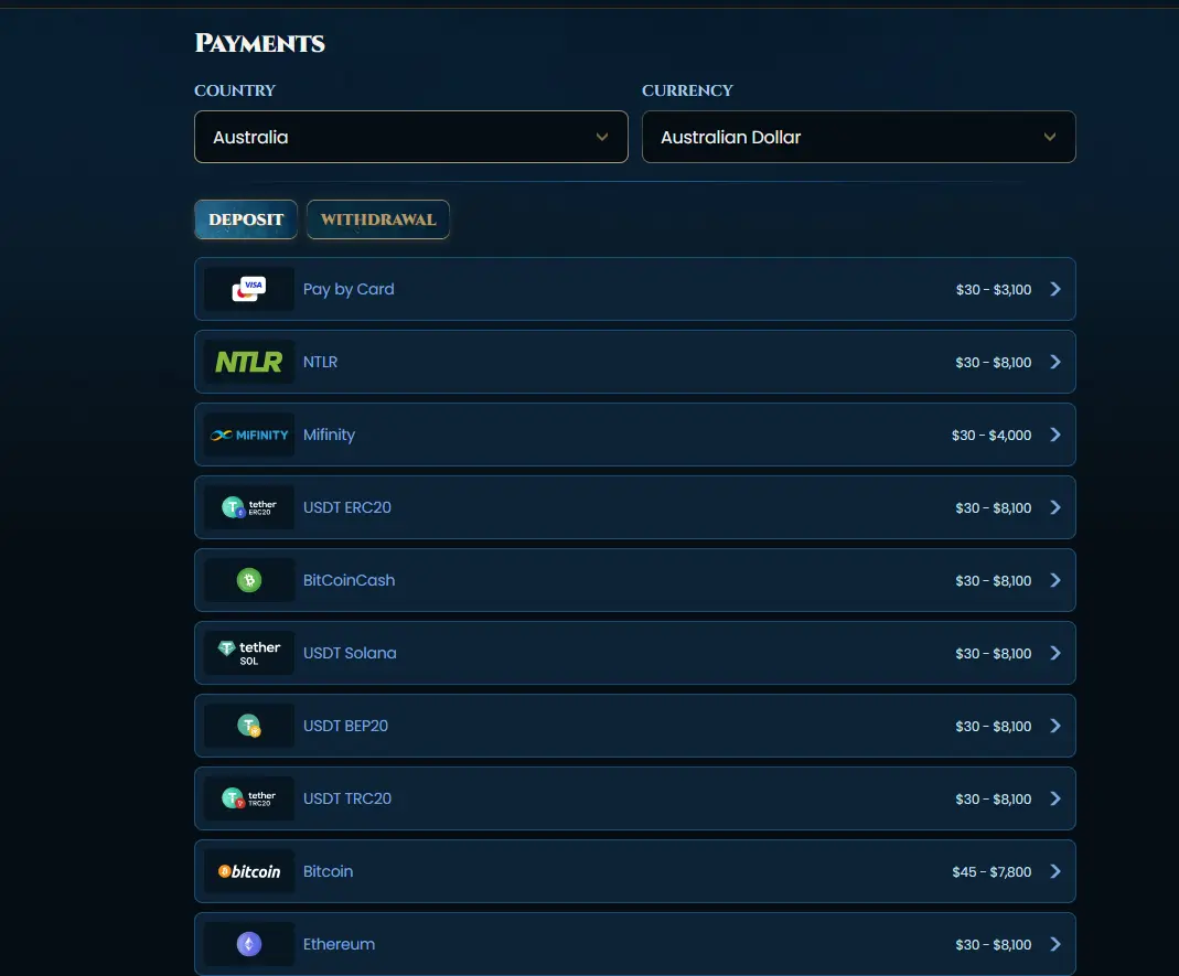 Wonderluck Casino cashier listing Visa, Neosurf, Skrill, Neteller and crypto deposit methods in AUD