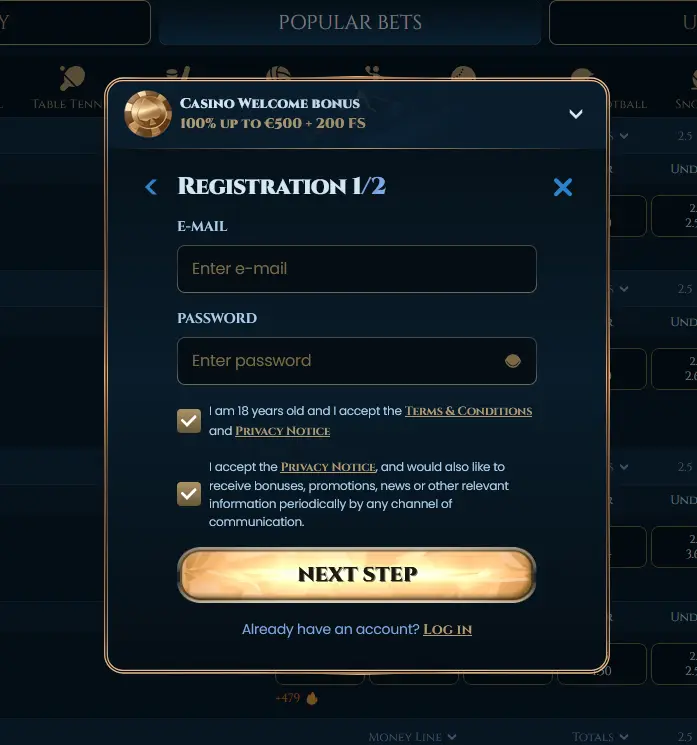 Wonderluck Casino registration form asking for email address, password and basic player details