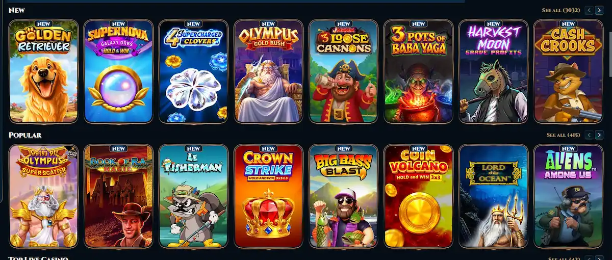 Wonderluck pokies lobby with Gates of Olympus 1000, Sugar Rush 1000 and Book of Dead thumbnails